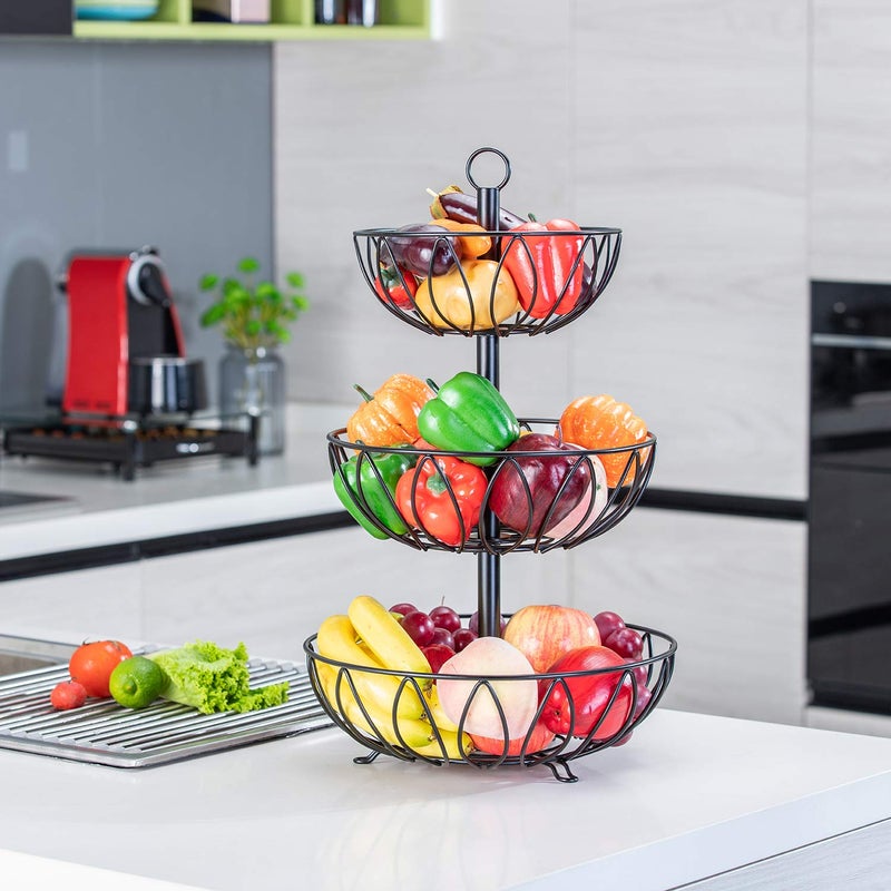 Rice rat 3-Tier Fruit Bowl Metal Wire Fruit Basket Bread Vegetable Organizer Storage Organizer Black Cast Iron - Image 1